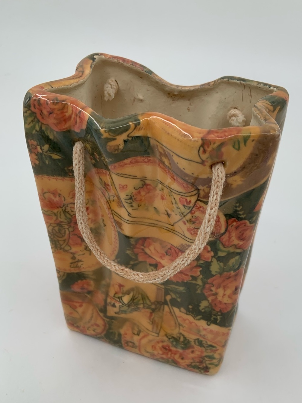 Floral Patchwork Ceramic Tote Vase with Rope Handle - Picture 3 of 6